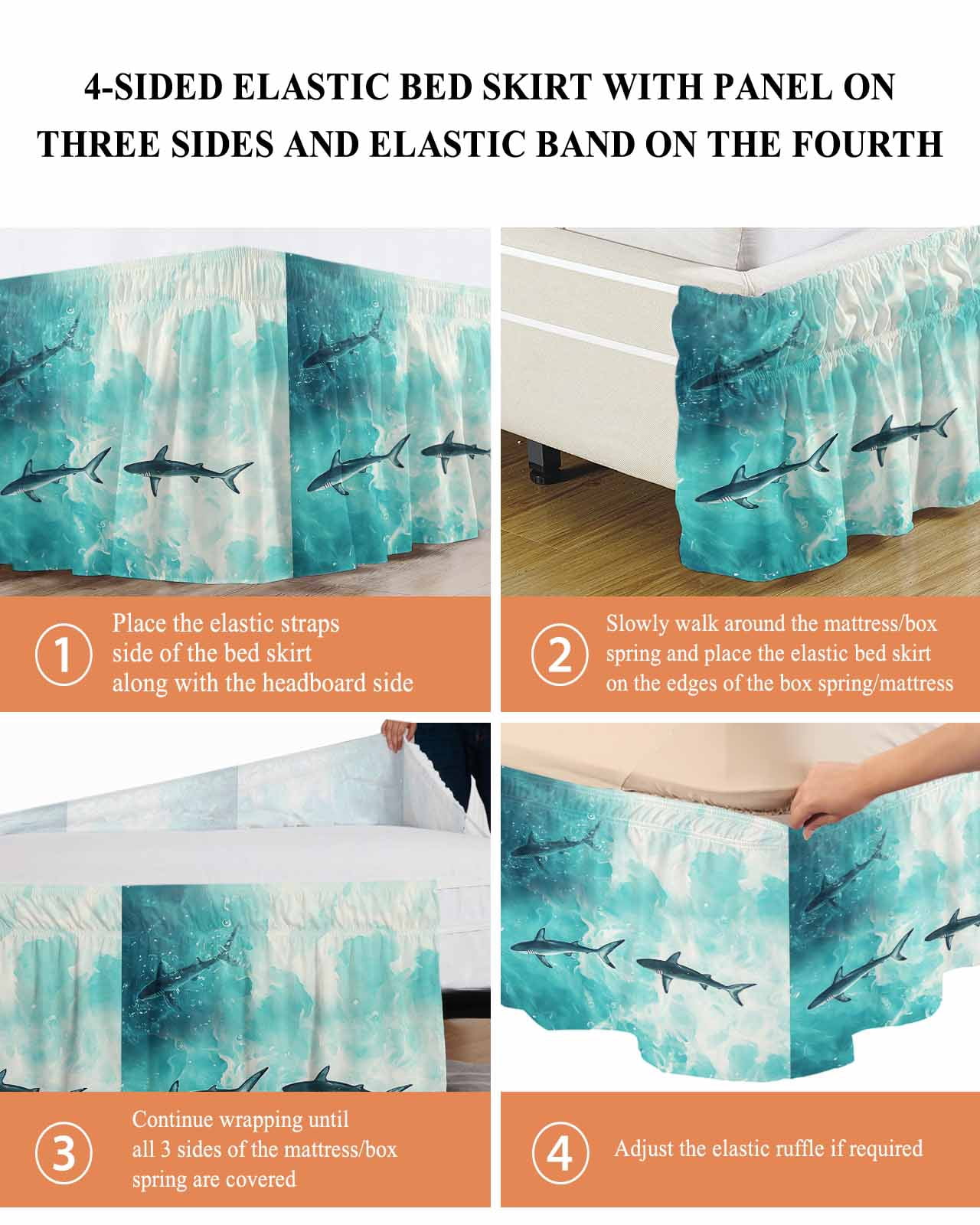 Ocean Shark Wrap Around Bed Skirts for Queen Bed 16" Drop, Bed Skirt with Adjustable Elastic Belt Dust Ruffle Bed Valance for Bedroom Hotel Luxury Teal Green Wave Summer Beach Coastal Bed Frame Cover