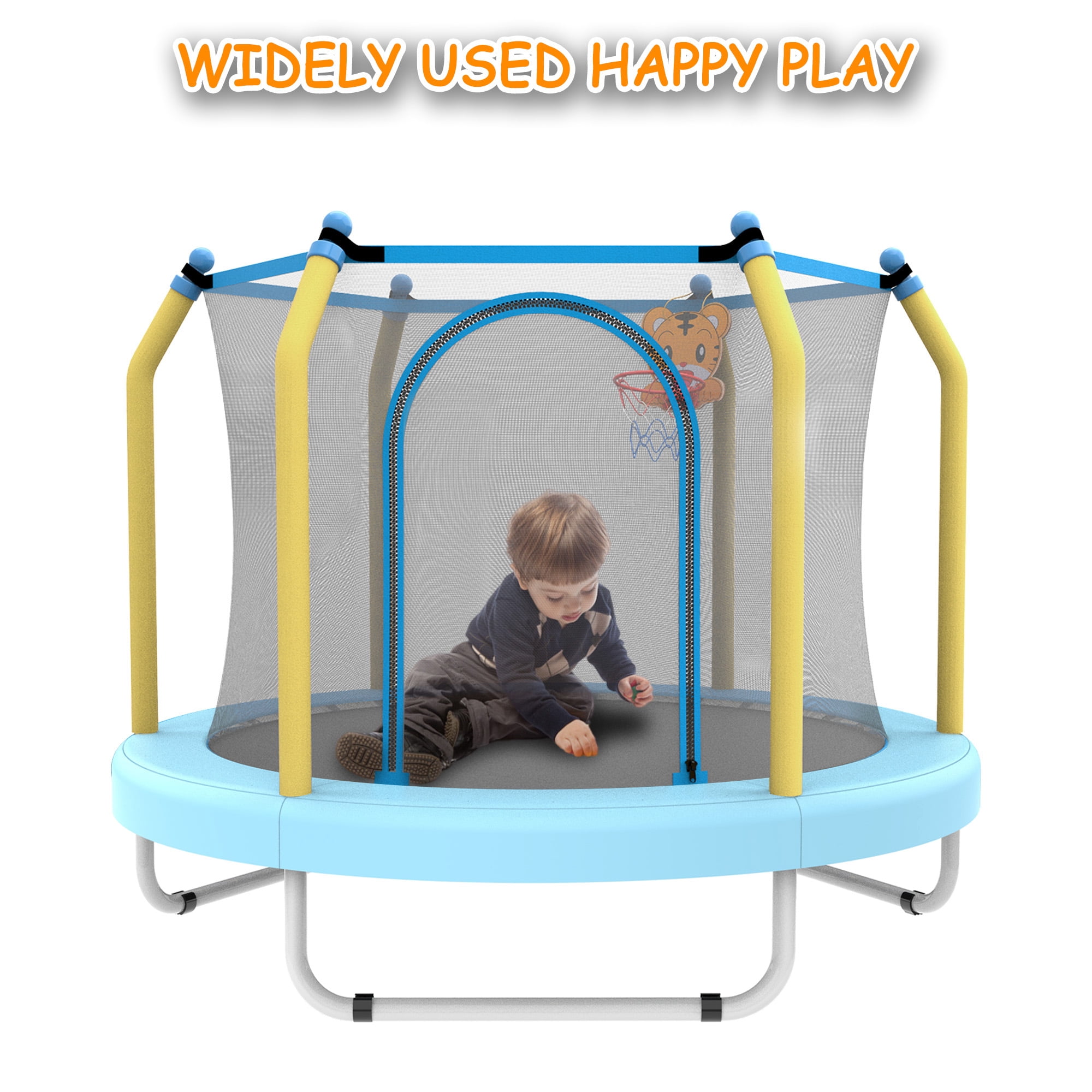 LIZEVINC 55 Inch Outdoor Toddler Trampoline with Enclosure Net, Mini Round Trampoline for Kids with Basketball, Small Trampoline Gifts for Boy and Girls,Blue Forest