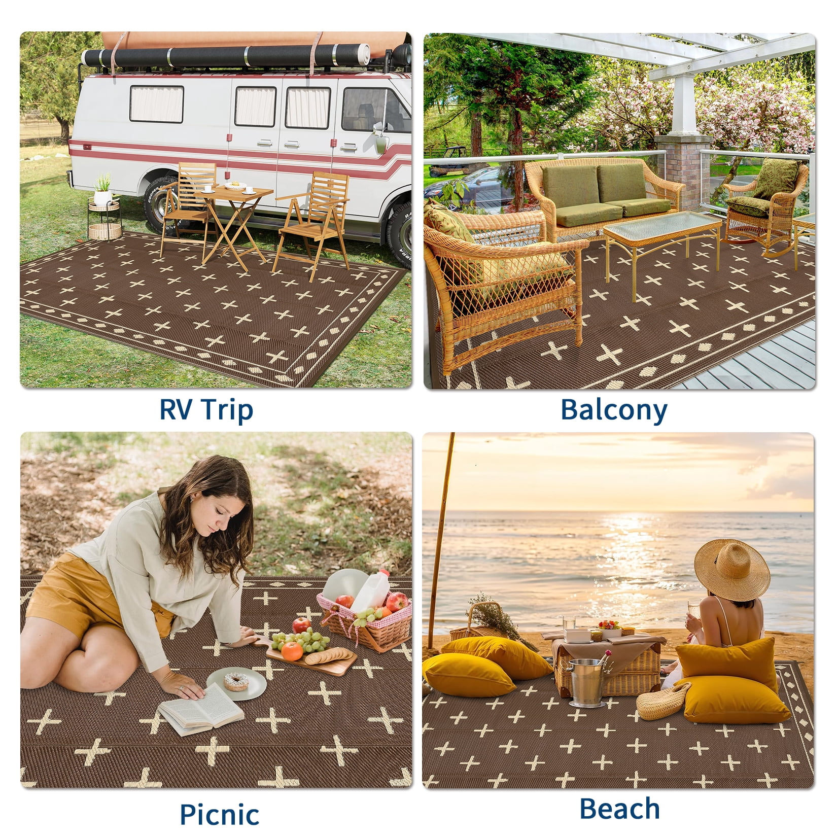Garvee 9'x12' Waterproof Outdoor Rug Modern Bordered Reversible Outdoor Carpet, Plastic Straw Rug Portable RV Picnic Camping Mat for Garden Backyard Deck Balcony, Brown