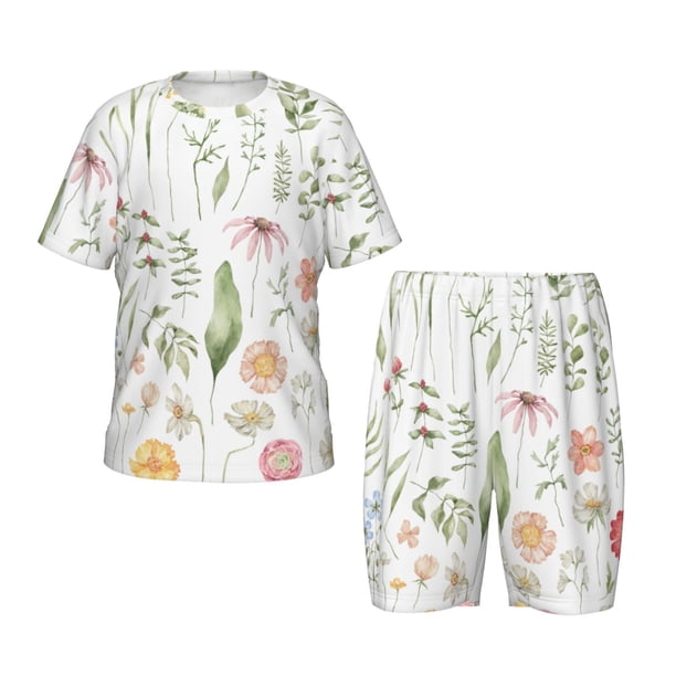 Fotbe Wildflower Watercolor 2 Pijama Estampada de 2 Piezas para Niños – Ropa de Dormir de Manga Corta Cómoda para Niños y Niñas, Camiseta y Shorts de Algodón-Large