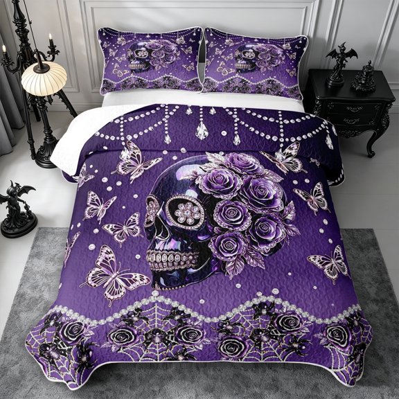 Erosebridal Crystal Skull Twin Quilt Set 2 Pieces,Gothic Glam Twin Coverlet Set,Purple,1 Bedspread and 1 Pillowcase