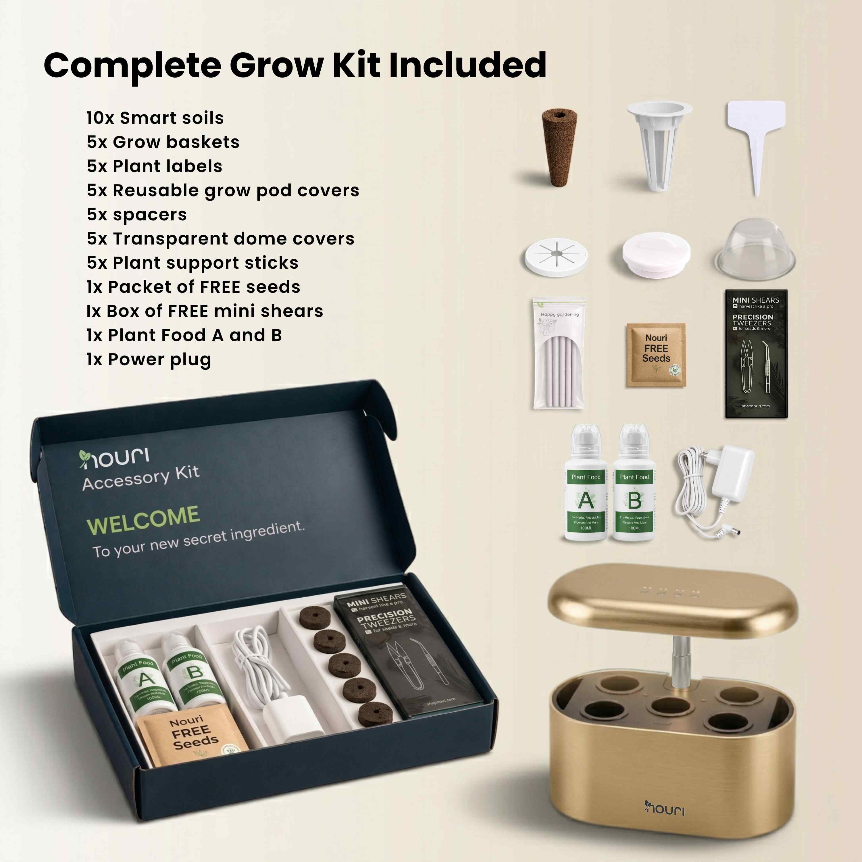 Nouri Hydroponics Growing System, 5 pod APP Smart Indoor Herb Garden Kit with LED Grow Lights, Hydroponic Herb Garden with Basil Seeds Included