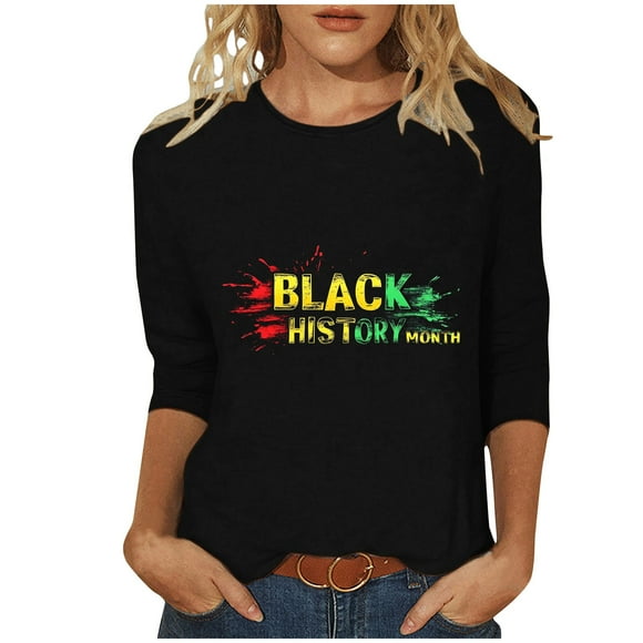 ZVAVZ Blouses for Women Business Casual,Women Black History Month Print Blouse 3/4 Length Sleeve Crewneck Tunic Fashion Black Girl Graphic T-Shirts Clearance Sales Black M