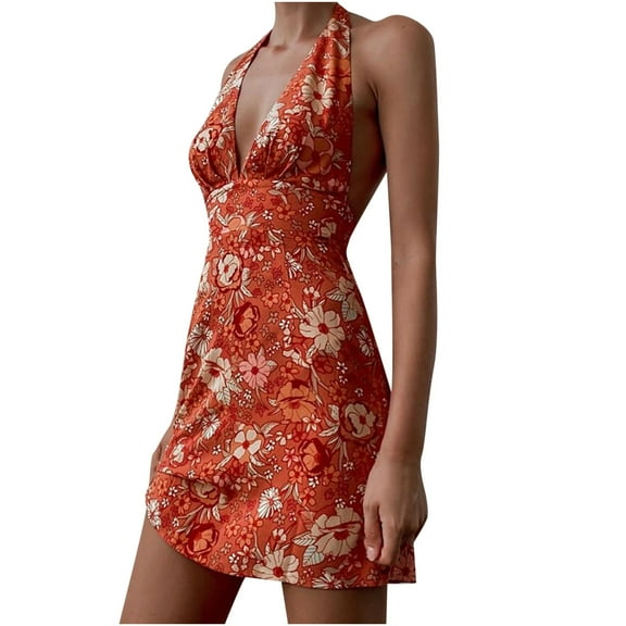 Babysbule Clearance Woman Summer Dresses Fashion Women's Print Sexy Sleeveless V-Neck Halter Backless Ladies Slim Dress