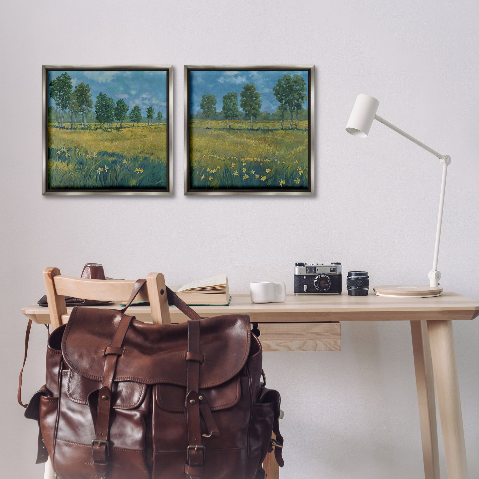 Stupell Industries Daffodil Tree Lined Field Landscape & Nature Painting Gray Floater Framed Canvas Art Print Wall Art, 18 x 18, Set of 2
