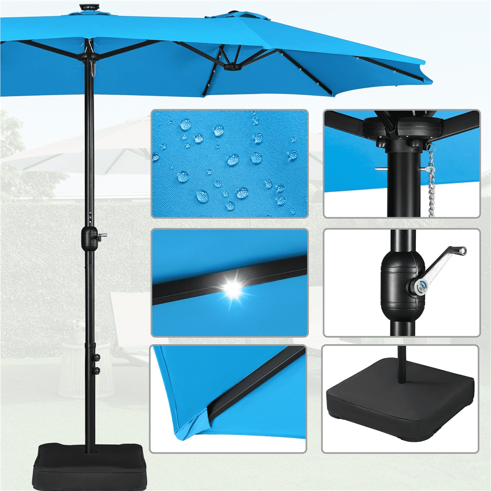 Renwick 15 ft Twin Patio Parasol Umbrella with Base & LED Lights, Sky Blue