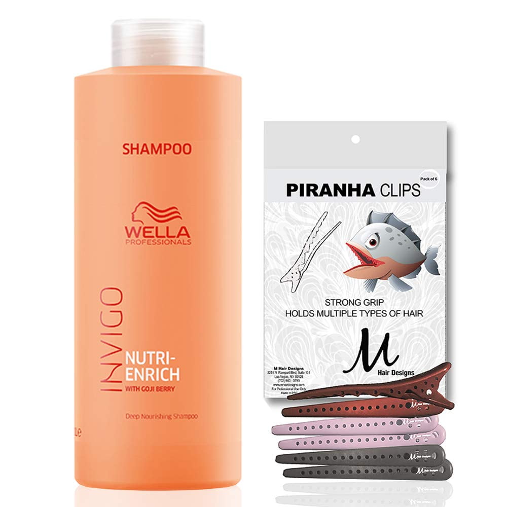 Wella Invigo Nutri-Enrich Shampoo Deep Nourishing with Goji Berry 1 Liter, Nourishes Dry or Stressed Hair and M Hair Designs Piranha Clips Assorted - 2 -