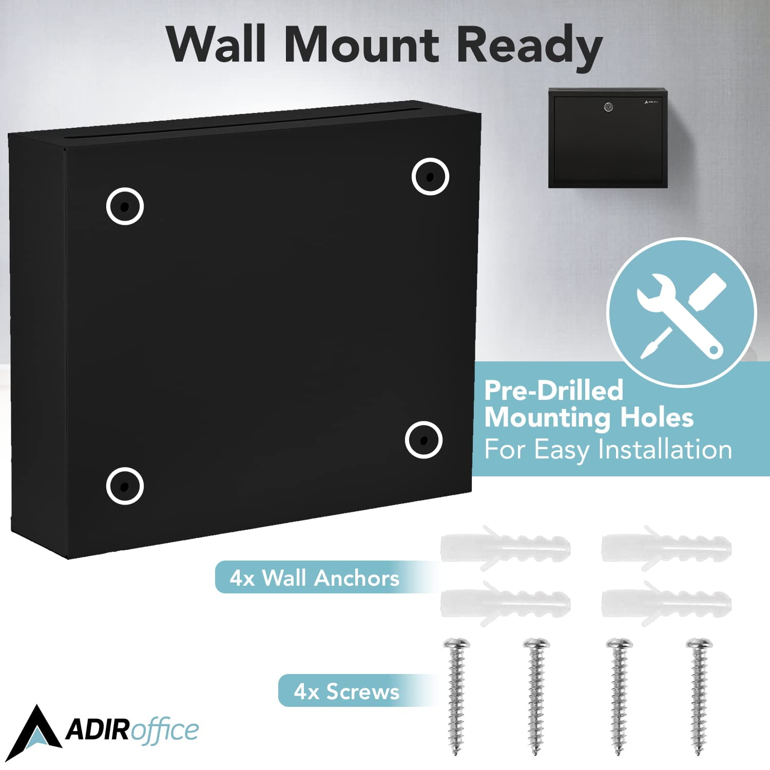Adir Metal Suggestion Box with Lock and Slot, Wall Mount Deposit Box for Payments and Checks, Mailbox for house, Safe Drop Box with Keys - 3x10x12 Inch Black