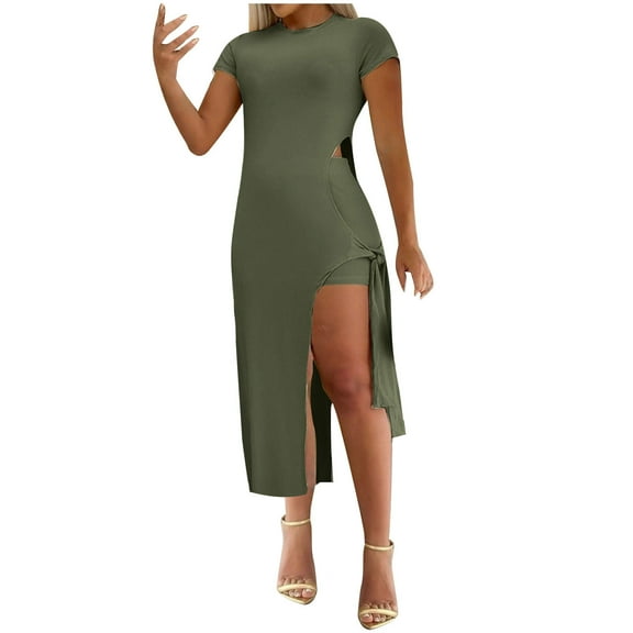 Sakmal Bodycon Plus Size Summer Dresses Sexy Opening Solid Green Comfort Fit Short Sleeve Long Sheath Dress