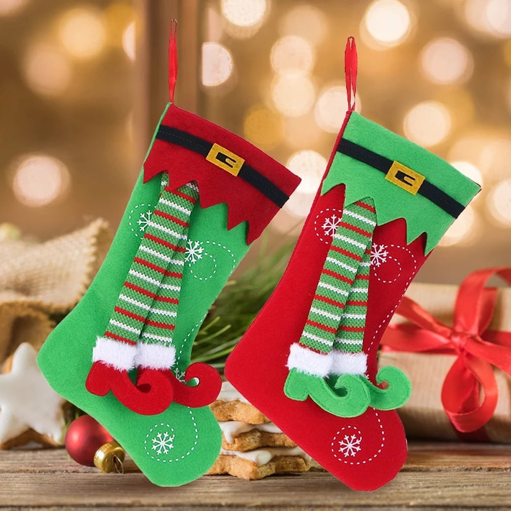 1 Pair Elf Stocking Home Decorations Gifts, Funny Elf Pattern Xmas Present  Socks Red and Green 22in 