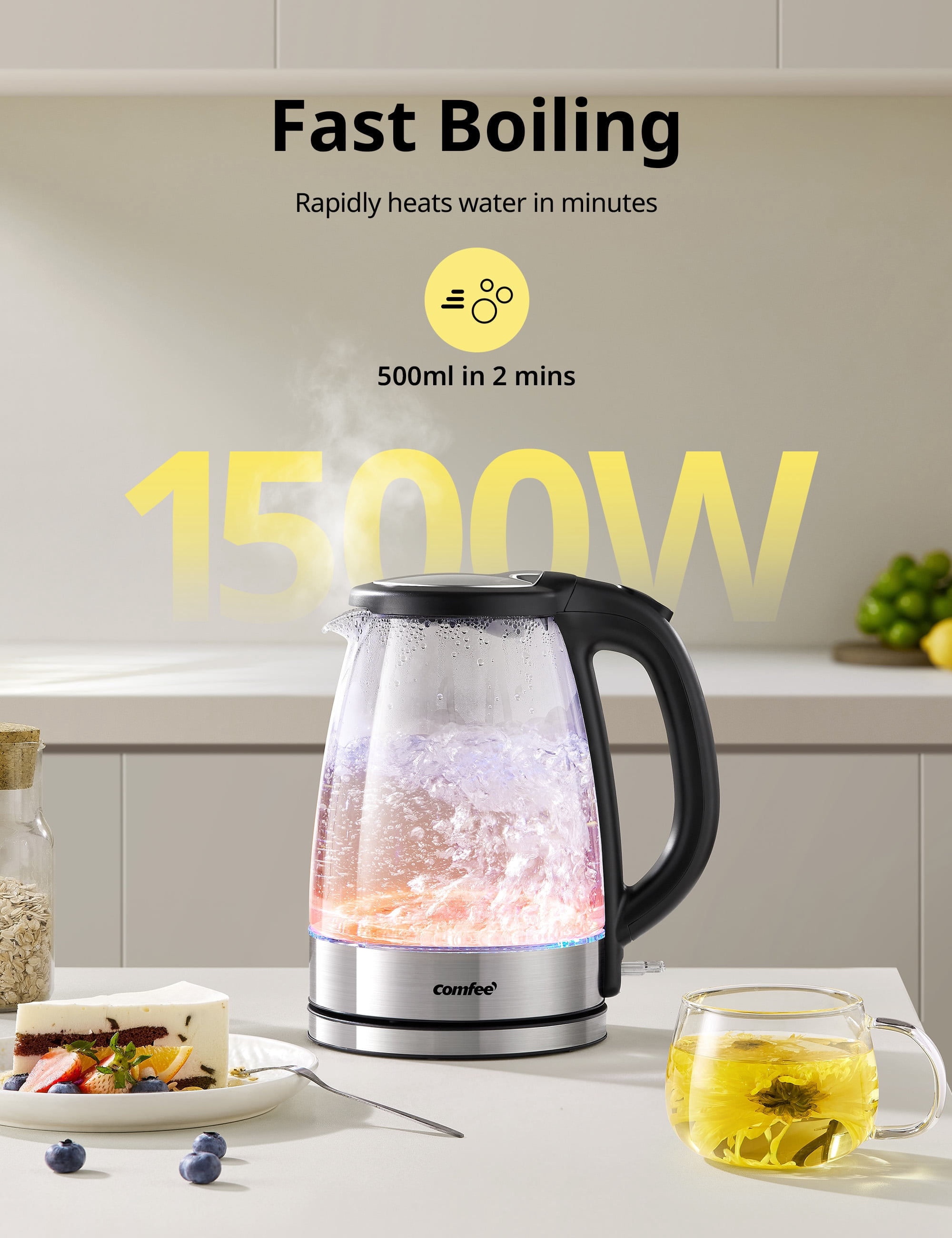 Comfee 1.7L Glass Electric Kettle with Auto Shut Off & Temperature Control