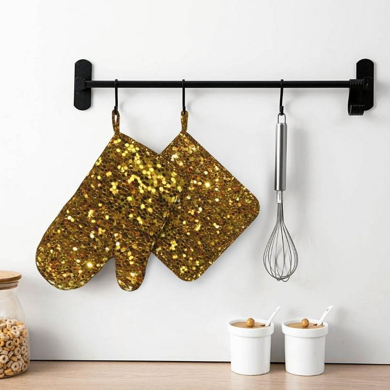 Gold-Colored sequins1 Oven Mitts Pot Holders Set Non-Slip Cooking Kitchen Gloves Washable Heat Resistant Oven Gloves for Microwave BBQ Baking Grilling