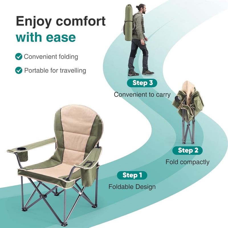 Simenmax Heavy Duty Camping Chair, Oversized Portable Folding Chair with Cooler Bag and Cup Holder, Outdoor Lawn Chair for Hiking Beach Sports,Green