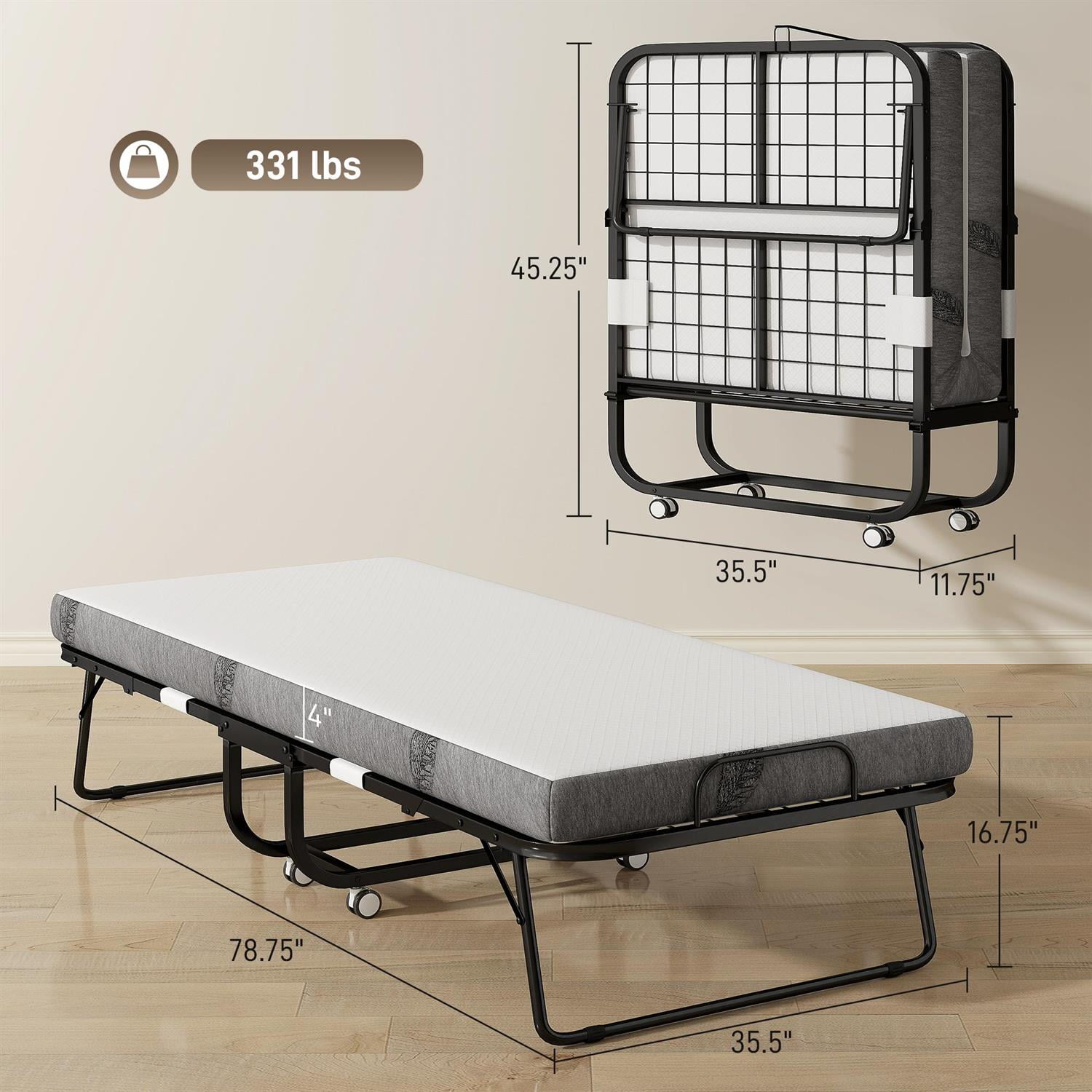 Demi Bonn 78.75" x 35.5" Folding Bed with 3.9" Thickness Mattress, Twin Size Steel Frame, Portable Roll-Away Bed for Adults, Strong Steel Construction, Black