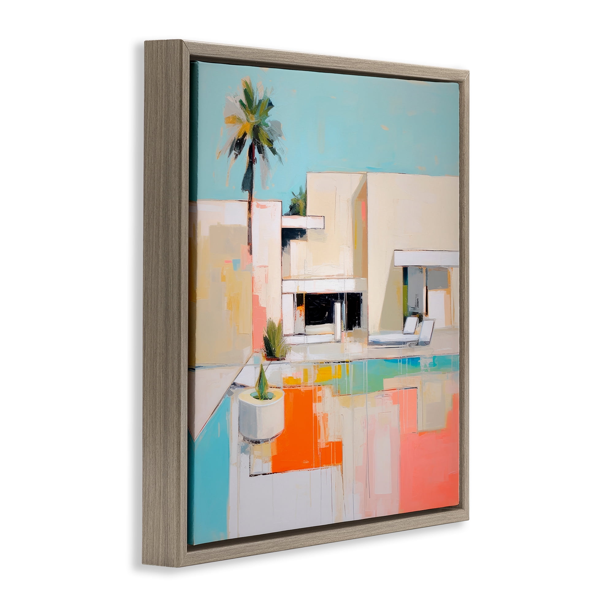 Stupell Industries Modern Tropical Villa Town & City Painting Brown Floater Framed Canvas Art Print Wall Art, 25 x 25