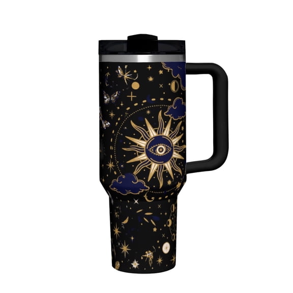40oz Stainless Steel Black Gold Witchy Celestial Tumbler Travel Mug, Fits Car Cup, Portable Water Bottle, Perfect Birthday & Christmas Gift