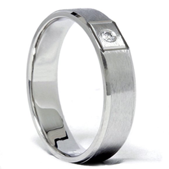 Mens Diamond Solitaire Wedding Band Solid 14K White Gold
