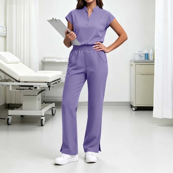 IUYRTFE Women V Neck Short Sleeve Scrub Set Side Slit Pants with Pockets for Healthcare Clinic Daily Wear
