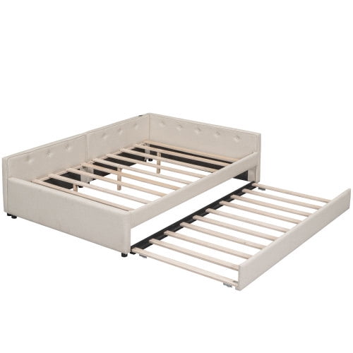 Dtwnek Full Size Upholstered Platform Bed with Twin Size Trundle, Beige