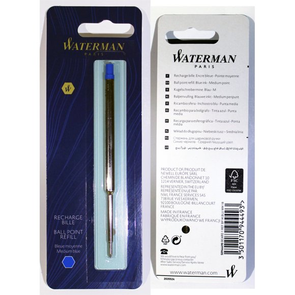 Waterman S0944490 Recharge de Stylo à Bille Roulante Pointe Moyenne Bleu (Lot de 1)
