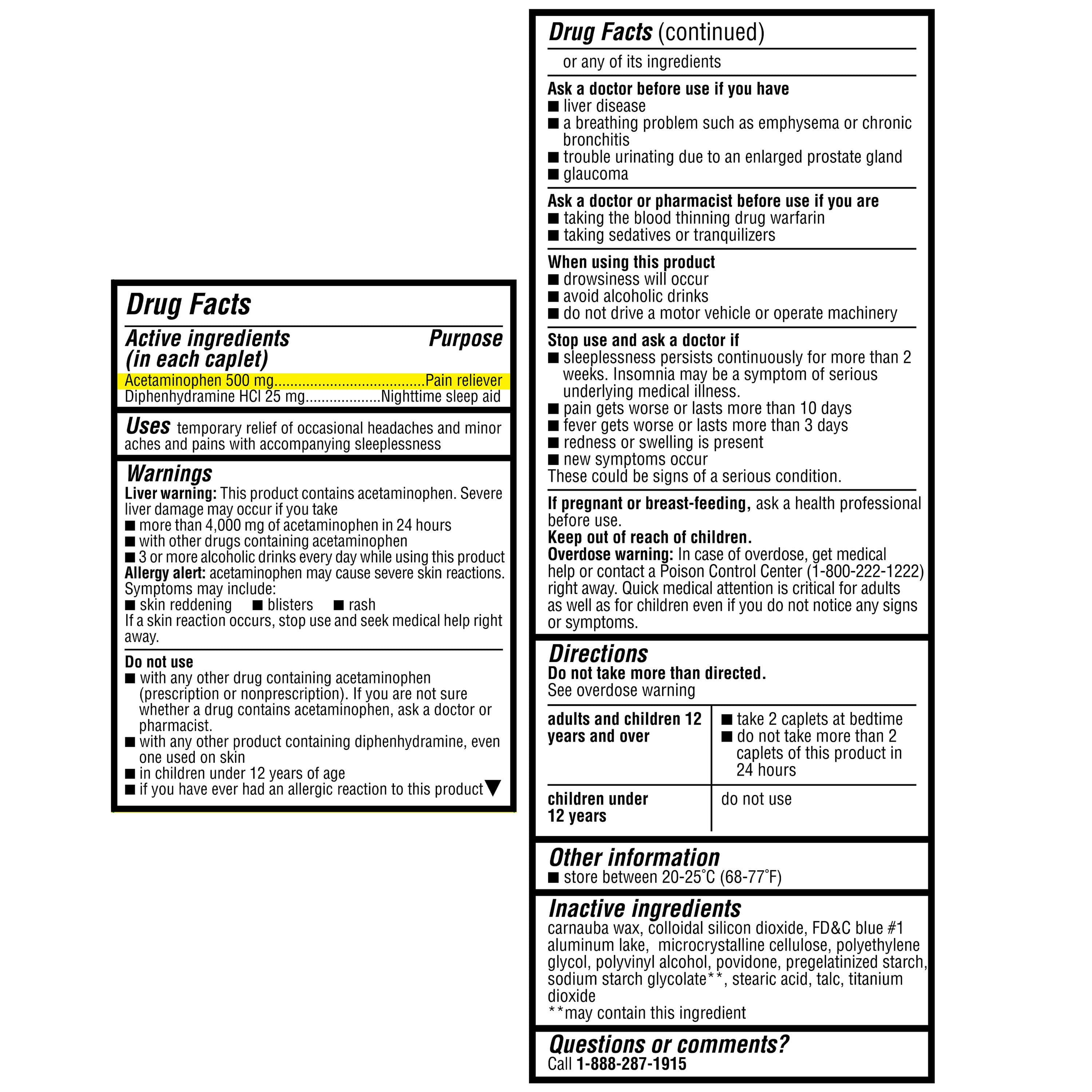 Equate Extra Strength Pain Reliever PM Acetaminophen 500mg and Diphenhydramine HCI 25mg Caplets, 100 Count, Compare to TylenolÂ® PM Extra Strength Active Ingredients