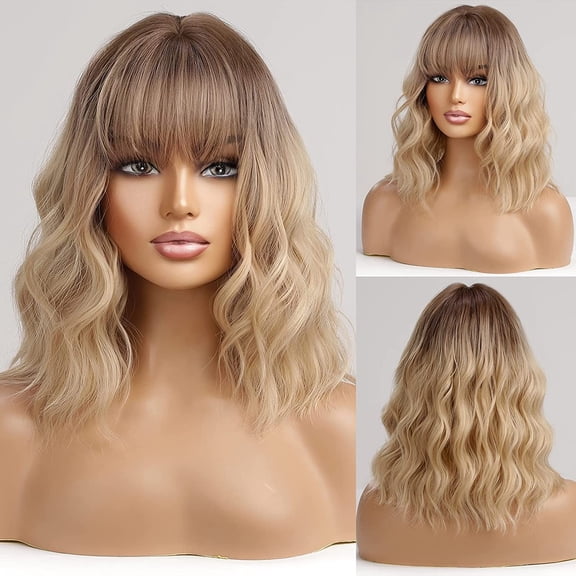 Short Wavy Bob Wig With Bangs,Shoulder Length Wigs for Women Short Curly Women's Wigs Natural Looking Heat Resistant Synthetic Wigs for Party Cosplay A9