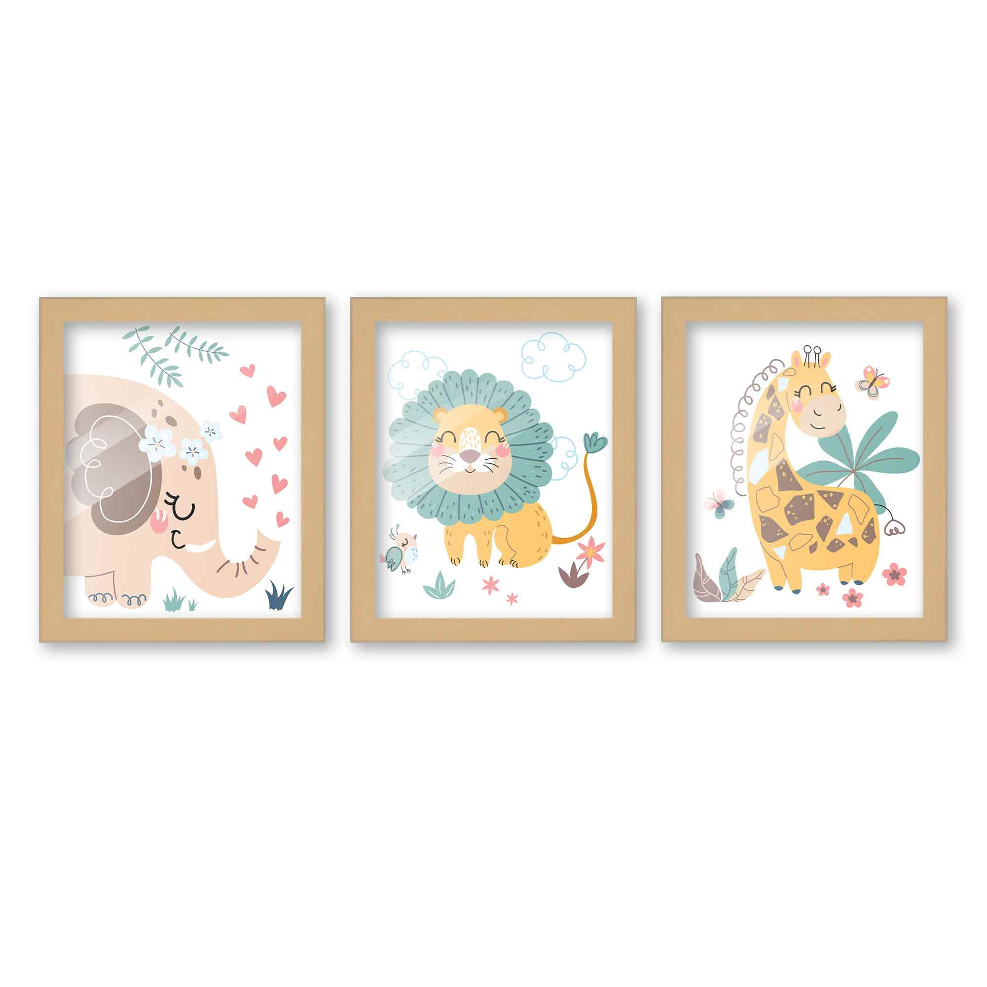 8x10 Framed Nursery Wall Art Set of 3 Hand Drawn Boho Safari Animal