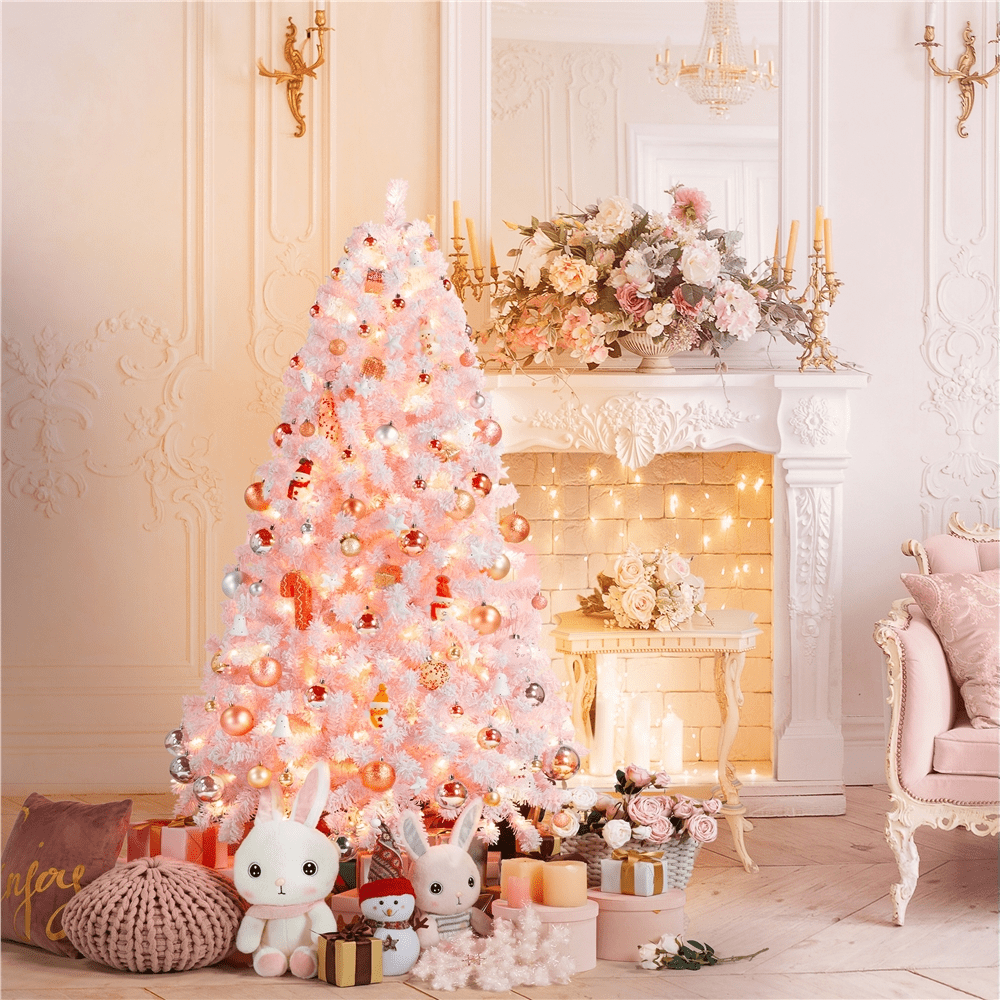 Alden Design 4.5FT Pre-lit Flocked Artificial Christmas Tree with 150 Incandescent Warm White Lights, Pink