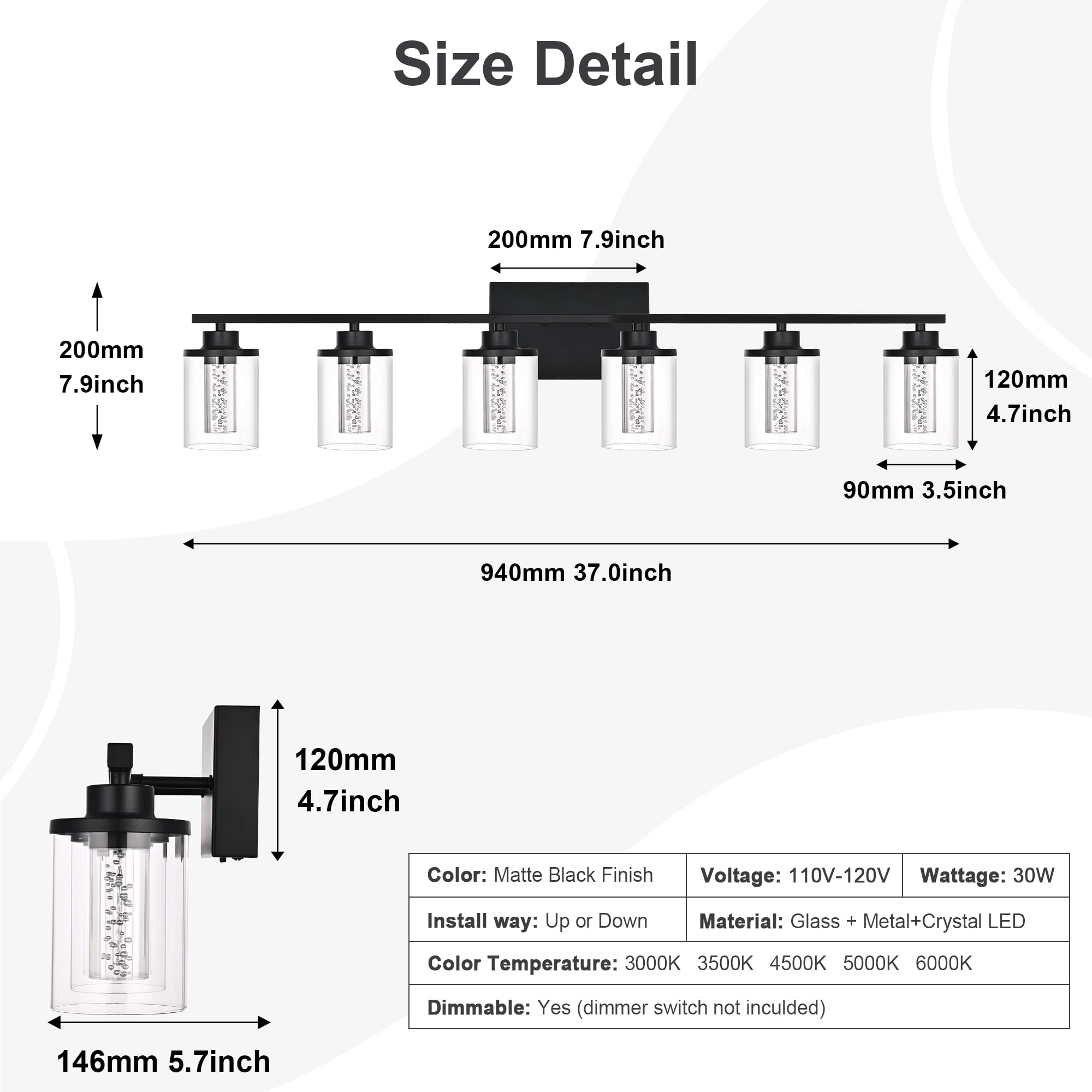 Melucee 5CCT Dimmable LED Black Vanity Lights 6-light, Modern Vanity Lighting Fixtures with Crystal Light Columns and Clear Glass for Bathroom Bedroom