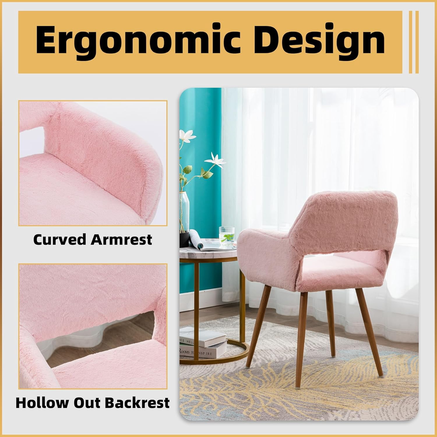 CRXX Desk Chair, Modern Home Office Chair Without Wheels, Faux Fur Vanity Chair with Hollow Backrest, Comfy Armchair Wood Frame with Strudy Metal Legs, Pink