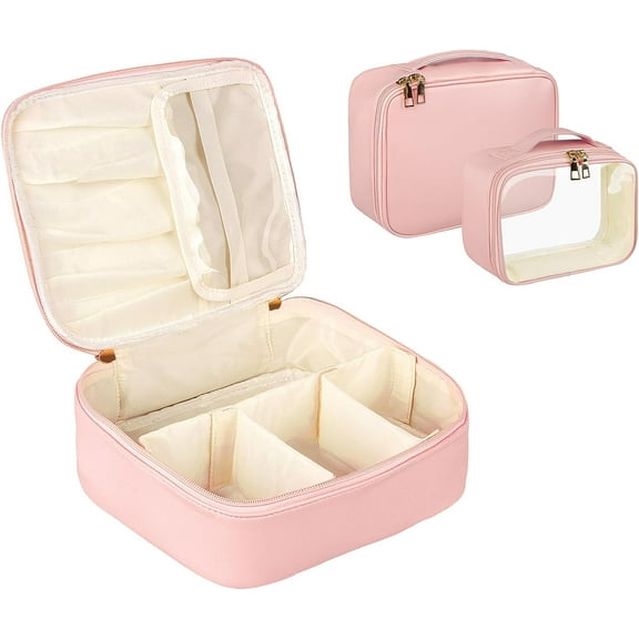 Makeup Bag, 2 PCS PU Leather Cosmetic Bags, Portable Travel Makeup Case, Large Makeup Organizer with Clear Makeup Bag for Women Pink