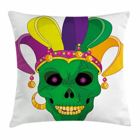 Mardi Gras Throw Pillow Cushion Cover, Scary Looking Green Skull Mask with Carnival Hat Beads and Earring Cartoon Style, Decorative Square Accent Pillow Case, 18 X 18 Inches, Multicolor, by Ambesonne