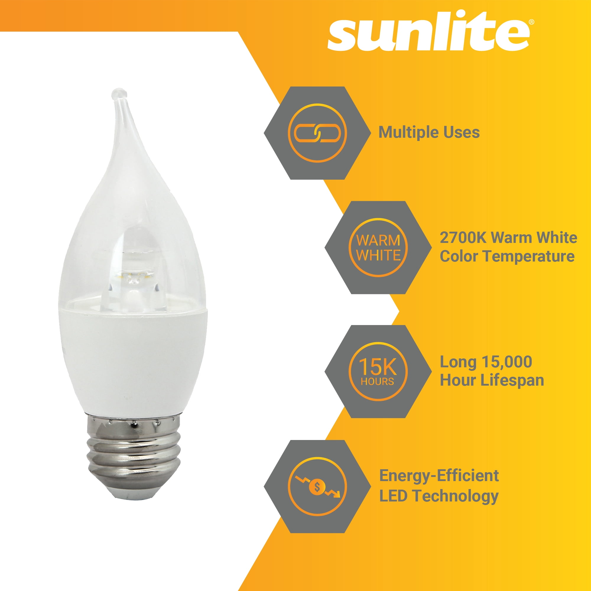 Sunlite LED CA12 Clear Chandelier Light Bulb, 7 Watts (60W Equivalent), 500 Lumens, Dimmable, Medium E26 Base, Title-20 Compliant, 90 CRI, ETL Listed, 2700K Soft White, 6 Pack