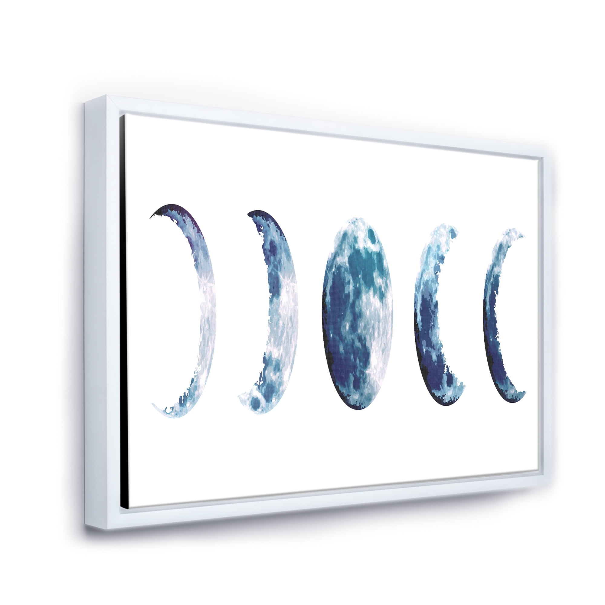 Designart 'Magic Blue Moon Phases On White' Bohemian & Eclectic Framed Canvas Wall Art Print