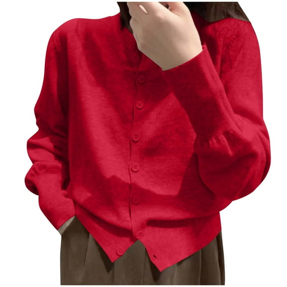 Womens Long Sleeve Sweater Cardigan Light Weight Slouchy Fall Sweater Button Open Front Cardigan Casual Trendy Clothes Red, Free Size