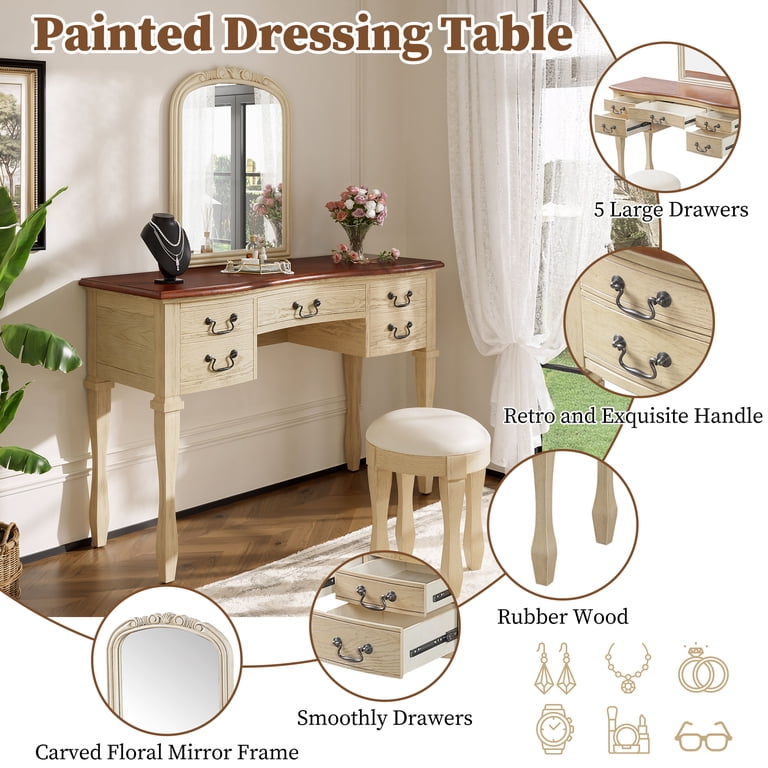 Vintage Vanity, Makeup Vanity Desk, Dressing Table with Mirror Antique Style Vanity 5 Drawers Curved Flower Frame Mirror Solid Wood Legs Includes Vintage Vanity, Makeup Vanity Desk, Dressing Table with Mirror Antique Style Vanity 5 Drawers Curved Flower Frame Mirror Solid Wood Legs Includes