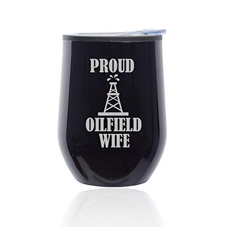 

Stemless Wine Tumbler Coffee Travel Mug Glass with Lid Proud Oilfield Wife (Midnight Black)