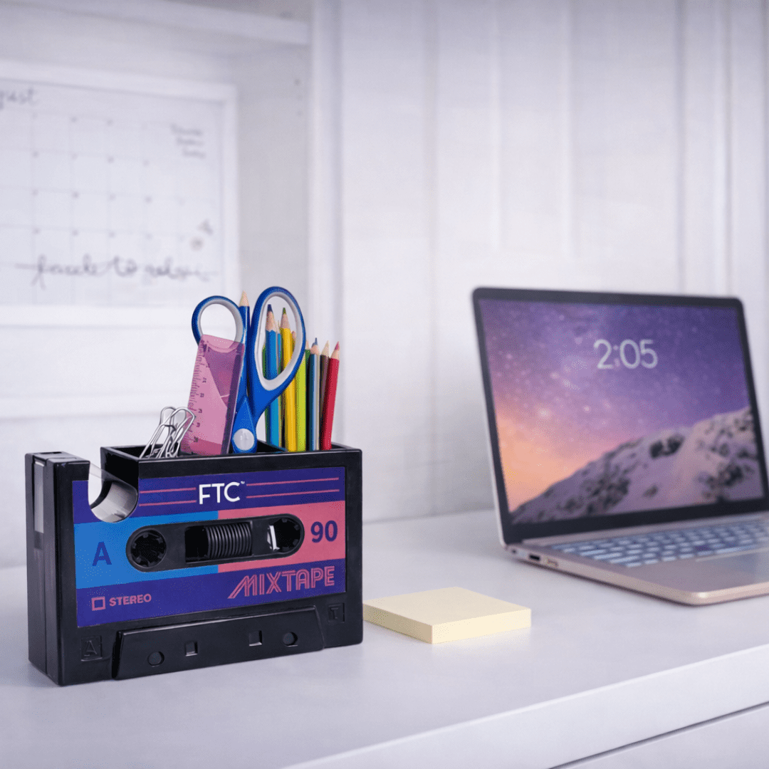 Retro Cassette Tape Dispenser Desk Organizer, FTC Retro Office Supply Holder with Pen Holder, Manual Dispenser, 1 pack, 6.7 x 2 x 4.5 in, Retro Mix Tape