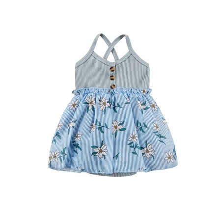 

Canrulo Summer Lovely Baby Girls Romper Dress Sleeveless V Neck Knit Flowers Patchwork Jumpsuit Blue 12-18 Months