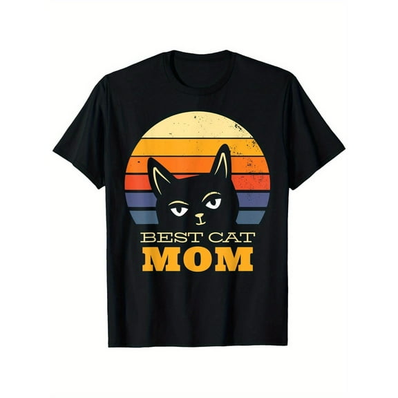 Women Cotton Black T-Shirt Top Vintage Cat Sunset Design Cotton Relaxed Fit Crew Neck Comfortable Black S-5XL