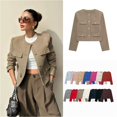 thumbnail image 2 of Veste Basique pour Femmes Automne/hiver 2025, Col Rond Vintage, Bouton Doré, Poche Rabattable, Manteau Court Bleu Marine TP, 2 of 6