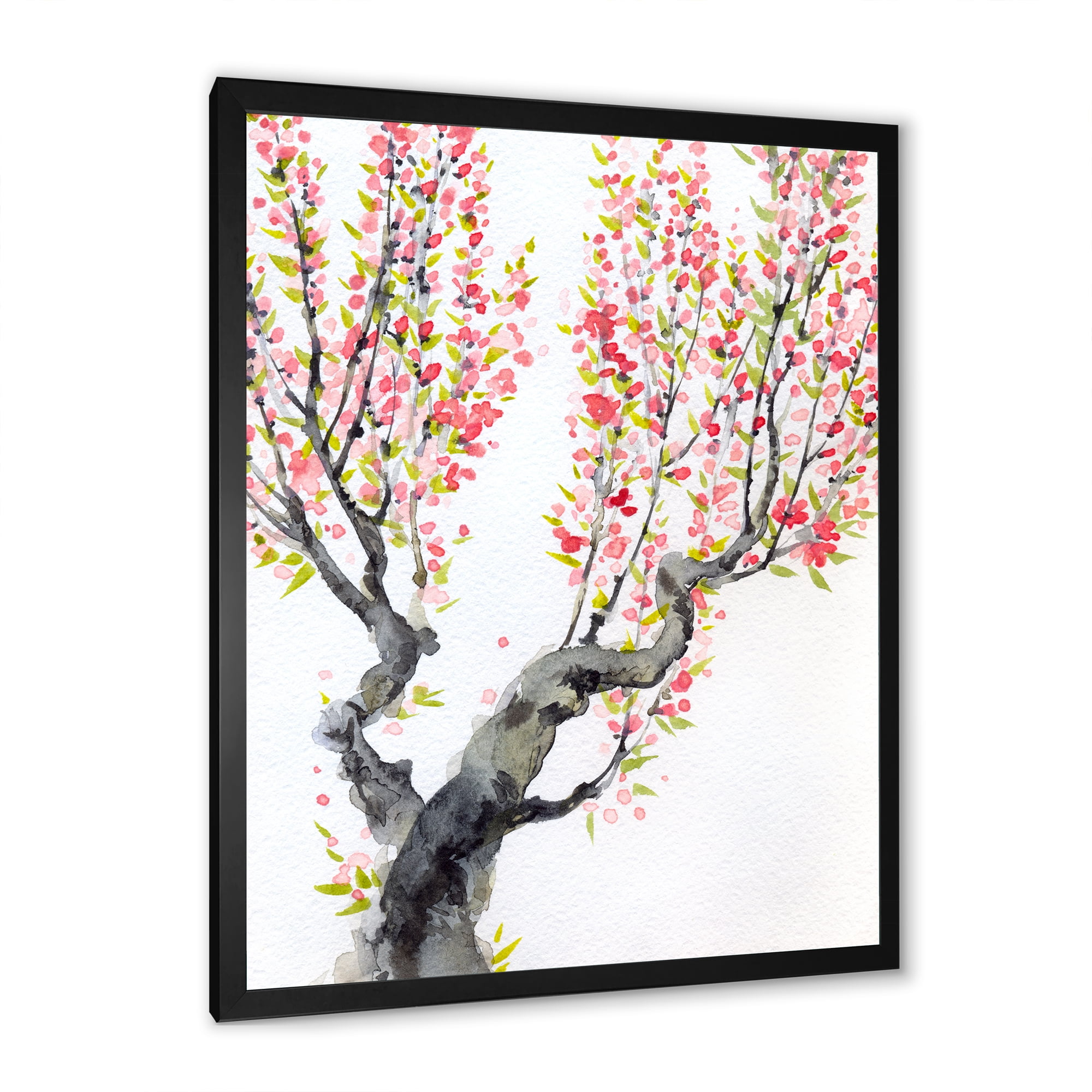 Red Spring Flowers On Tree Branches 30 in x 40 in Framed Painting Canvas Art Print, by Designart