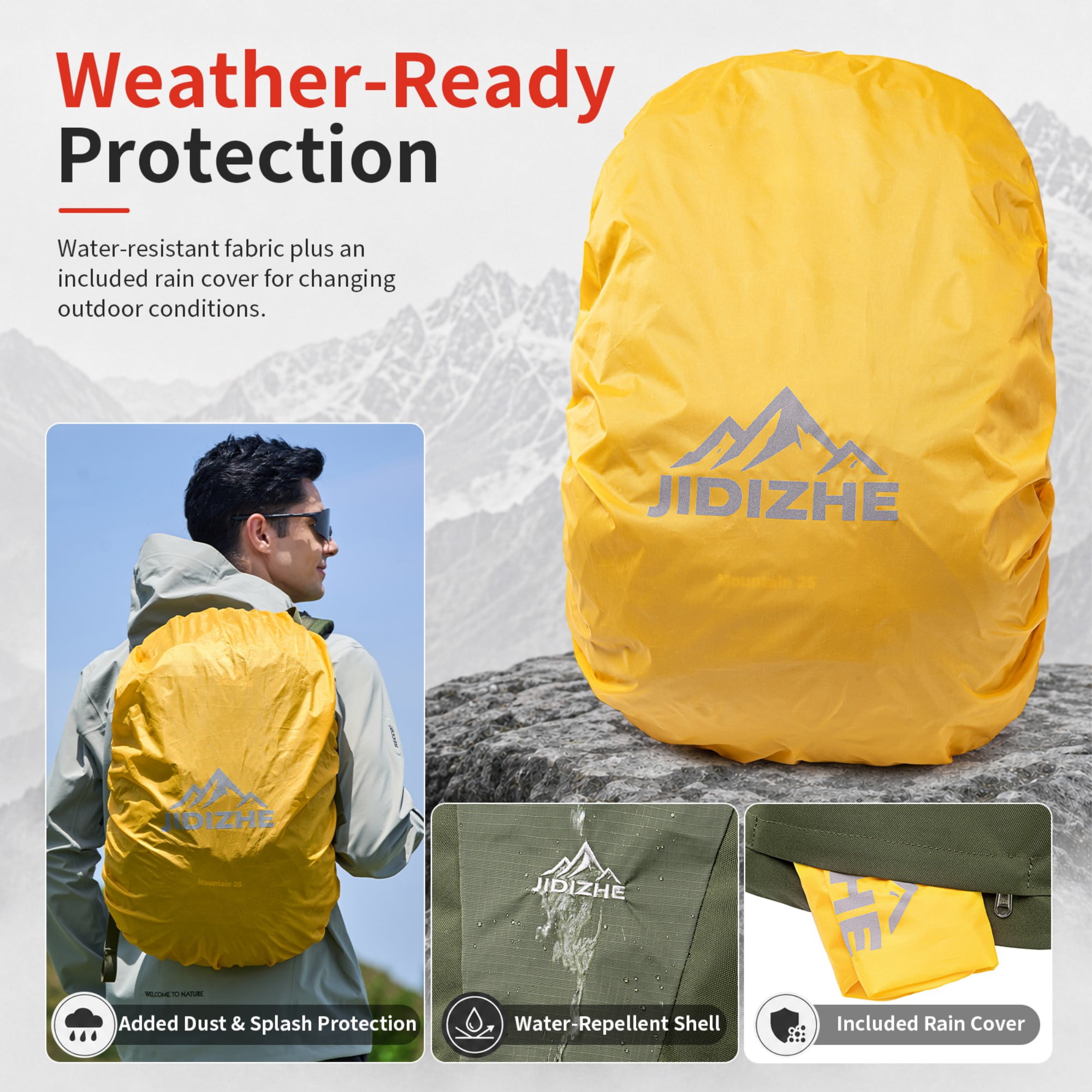 BSHTI 25L Polyester Nylon Hiking Backpack with Rain Cover, Breathable Back, Large Storage for Travel Camping（Red）