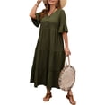 thumbnail image 4 of LWavelet Women's Plus Size Tiered Maxi Dress 3/4 Sleeve V-Neck Ruffle Cuff Casual Loose Dress Dark Green 4XL, 4 of 5