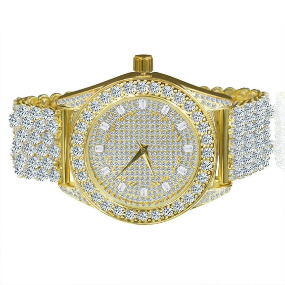 Luxury Iced Khronos Celebrity Wear Yellow Gold Finish Simulated Diamonds Custom Band Solitaire Bezel Joe Rodeo JoJo Watch