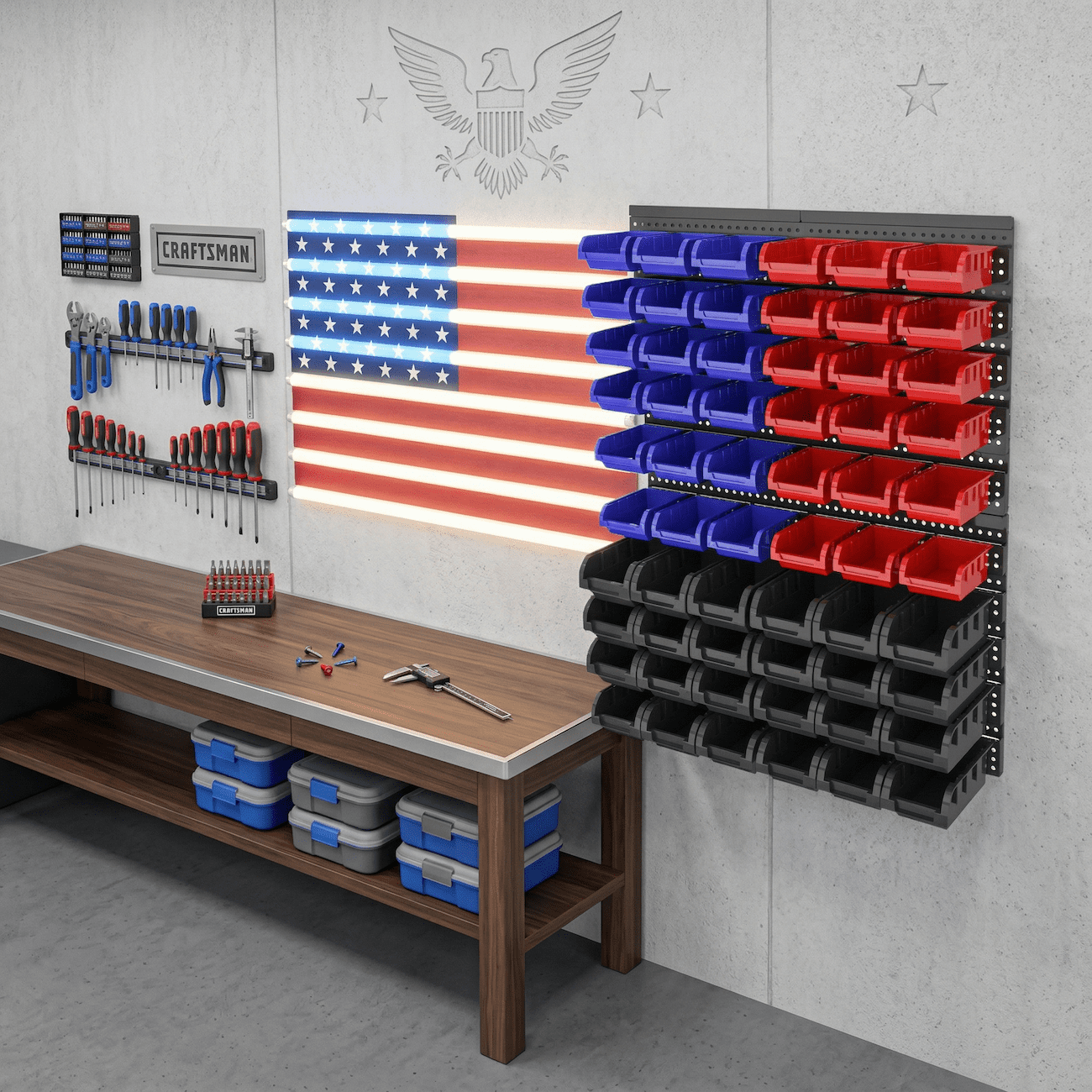 Wall Mounted Storage Bins 60PCS, Garage Storage Organizer with Rack, Plastic Screw Nut Bolt Organizer, Parts Hardware Storage Bins System, Large Capacity Tool Organizer (Red Blue Black)