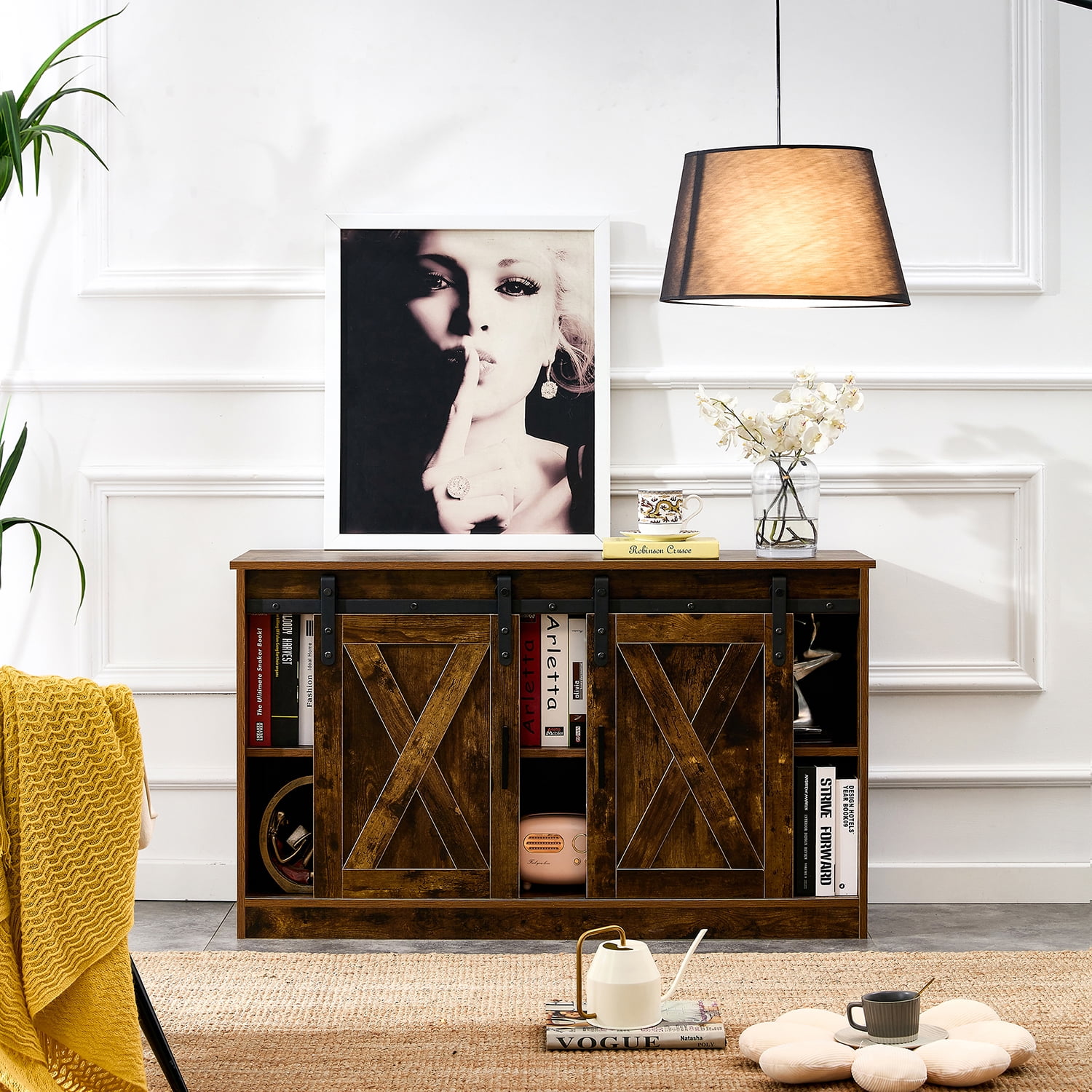 Kadyn Farmhouse TV Cabinet, MDF Floor Storage Cabinet with Two Sliding Barn Doors, Entertainment Center TV Console for Living Room, Rustic Brown Kadyn Farmhouse TV Cabinet, MDF Floor Storage Cabinet with Two Sliding Barn Doors, Entertainment Center TV Console for Living Room, Rustic Brown