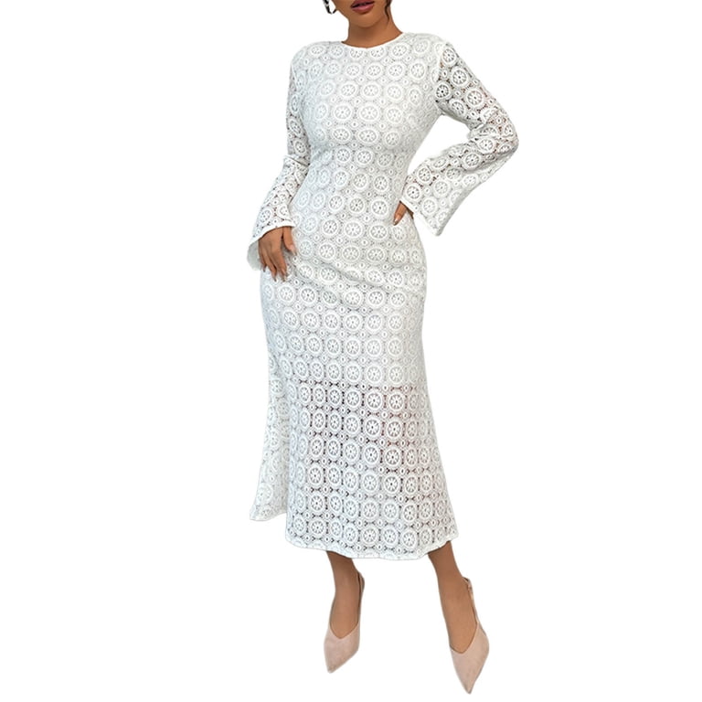 fitted lace wedding dress Modest White Lace Midi Dress – Stylish Myla Lace Medium
