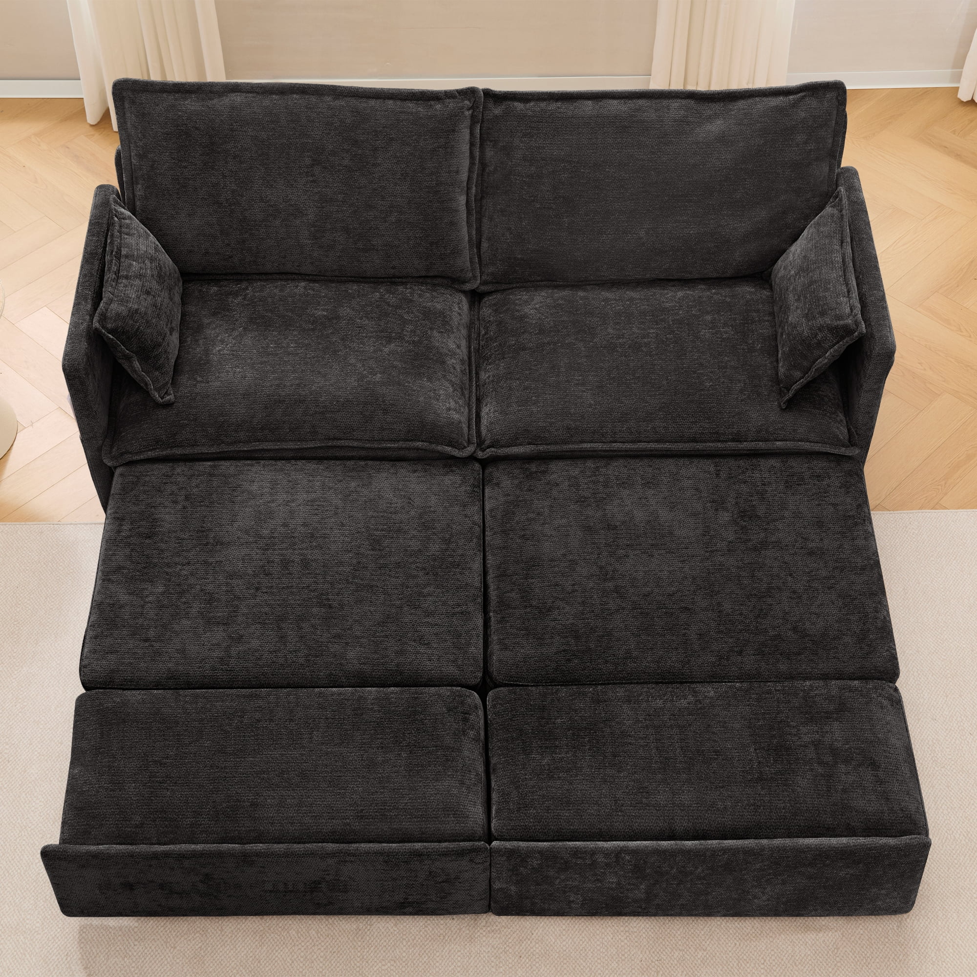 73.6'' Pull Out Sofa Bed, 3 in 1 Convertible Sleeper Loveseat Sofa, Pull Out Couch with USB Charging, Side Pockets for Living Room, Apartment, Small Spaces (Chenille, Black)