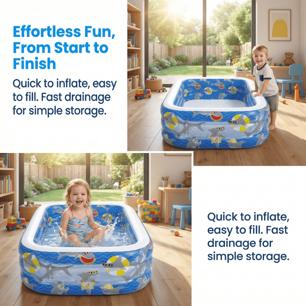 3-Ring Rectangular Inflatable Kiddie Pool with Shark Pattern, BPA-Free Family Swimming Pool for Backyard, Garden & Indoor Summer Fun